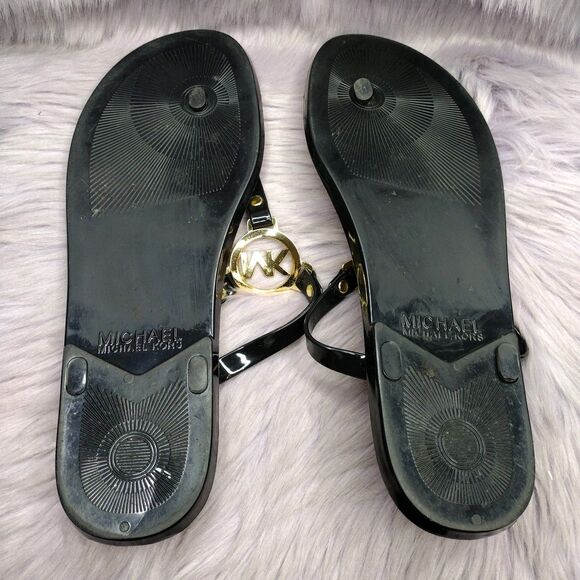 Michael Kors MK Charm Jelly Thong Sandals Flip Flops Women Sz 11 Gold Black Cork - Picture 6 of 7